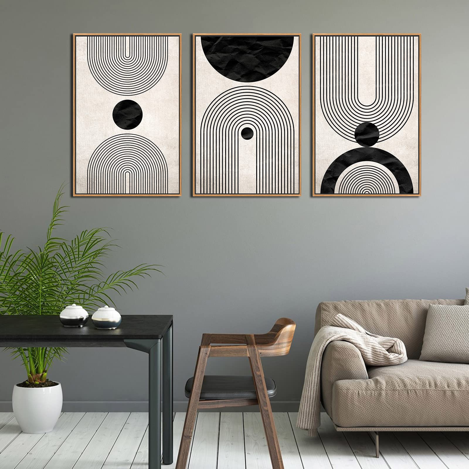 Zalorin Framed Wall Art Canvas Set Mid Century Boho Pictures Modern Abstract Geometric Wall Decor Minimalist Black Beige Bohemian Canvas Painting Artwork for Living Room Bedroom Office 16"x24"x3 Natural
