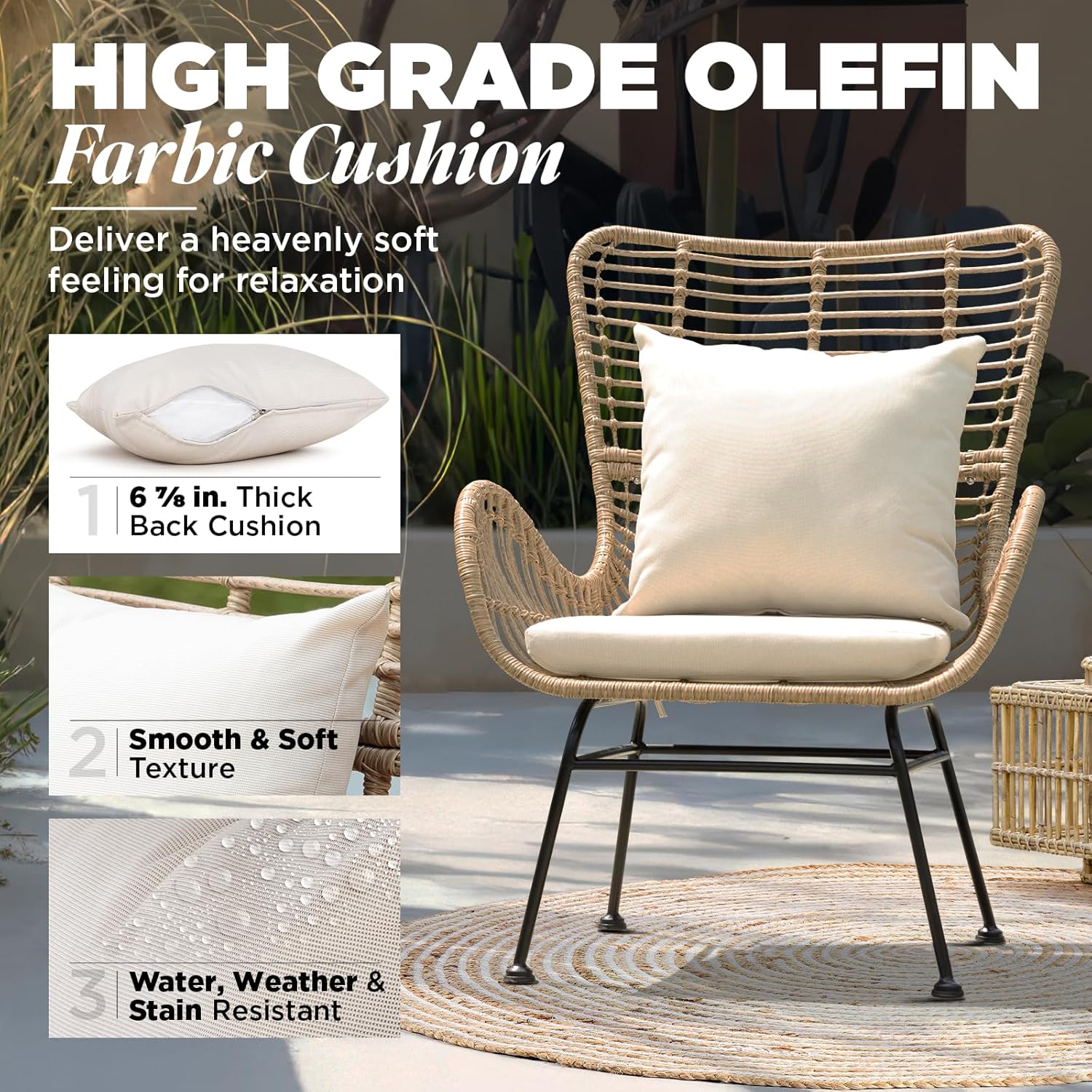 IDZO Isabelle Wicker Chairs Set of 2, 2000 Hours UV Wicker Rattan Chair, 500lbs Capacity Boho Patio Chairs with Thick Olefin Cushions and Pillows for Patio, Indoor Use