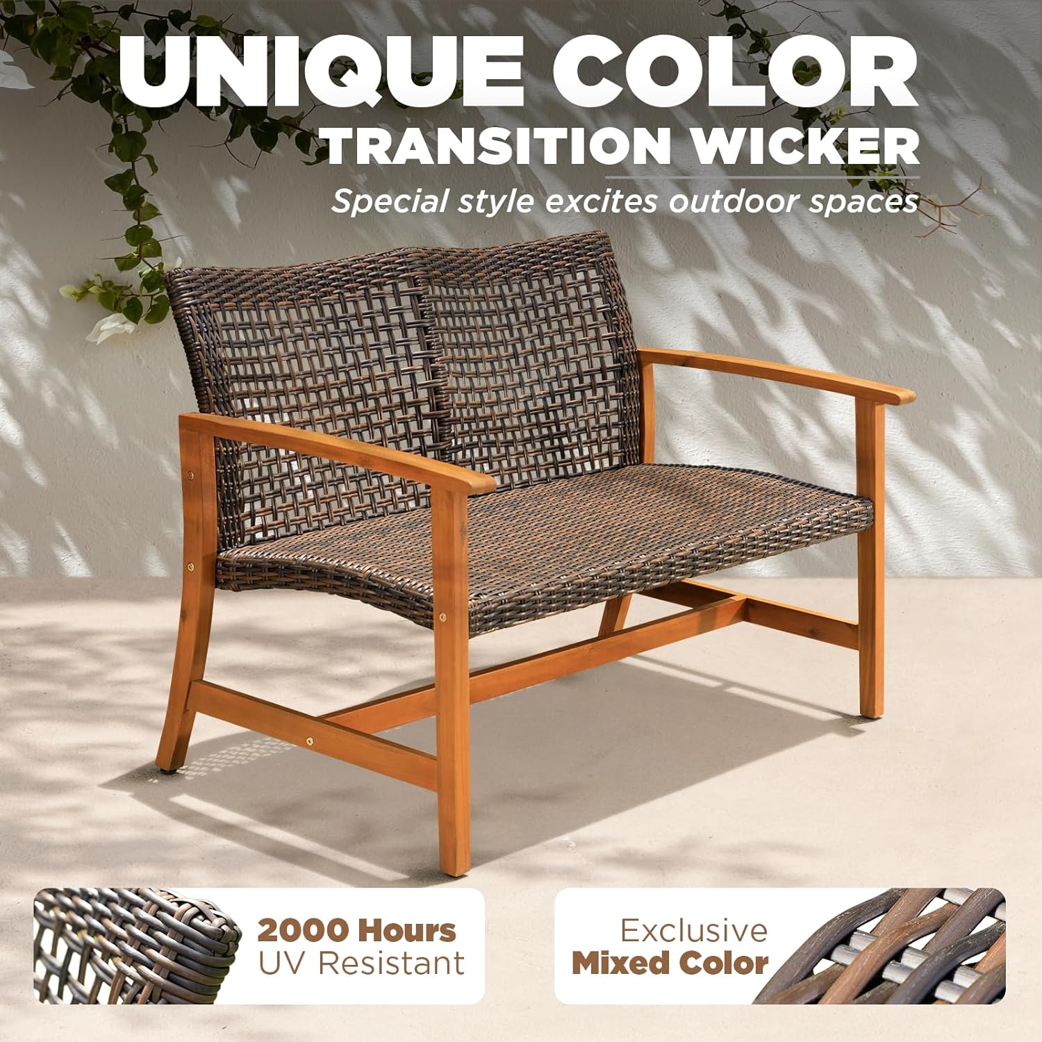 IDZO Harmonie 800lbs Capacity Outdoor Loveseat Furniture, FSC Certified Acacia Patio Sofa with Upgraded 2000 Hours UV Resistant Wicker, Teak Finish Porch Couch