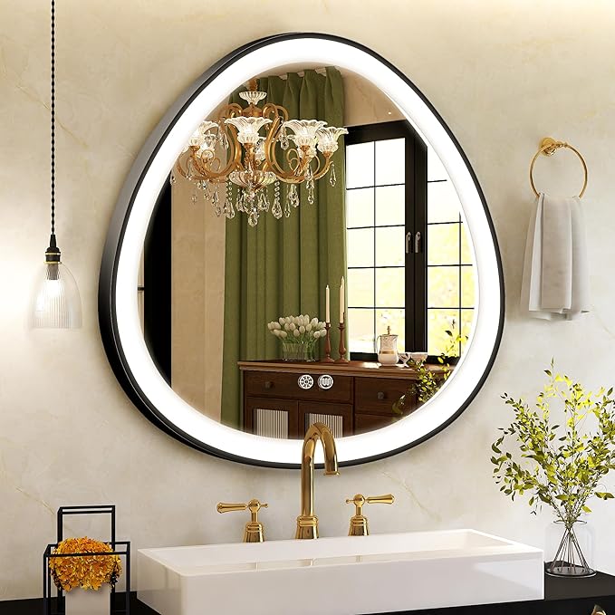 Zalorin 24x24in. Led-Bathroom-Mirror-with-Black-Frame, Lighted-Bathroom-Mirror-Brightness-Dimmable, Features Anti-Fog, 3 Lights Colors, Led-Mirror-for-Bathroom, Cord with Plug
