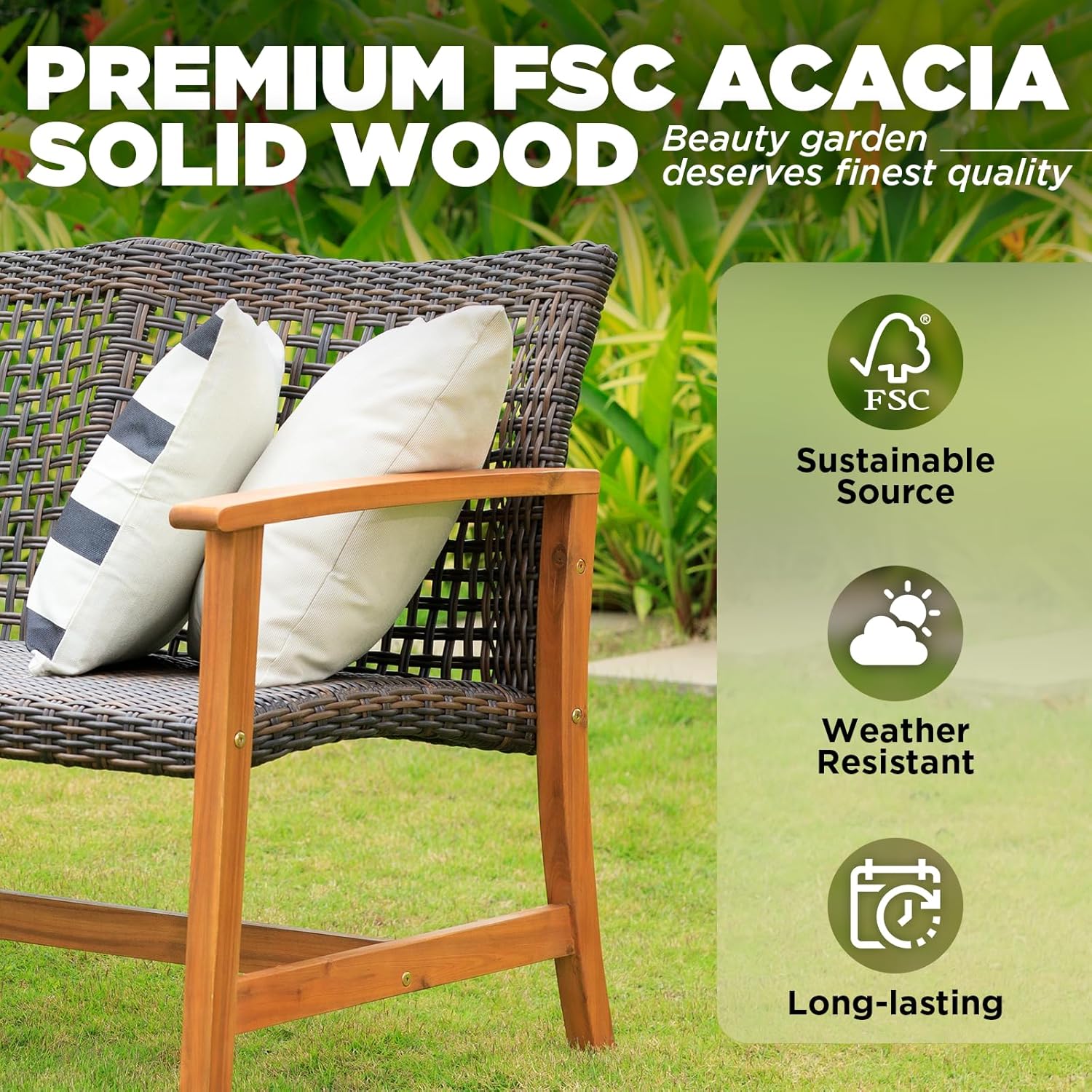 IDZO Harmonie 800lbs Capacity Outdoor Loveseat Furniture, FSC Certified Acacia Patio Sofa with Upgraded 2000 Hours UV Resistant Wicker, Teak Finish Porch Couch