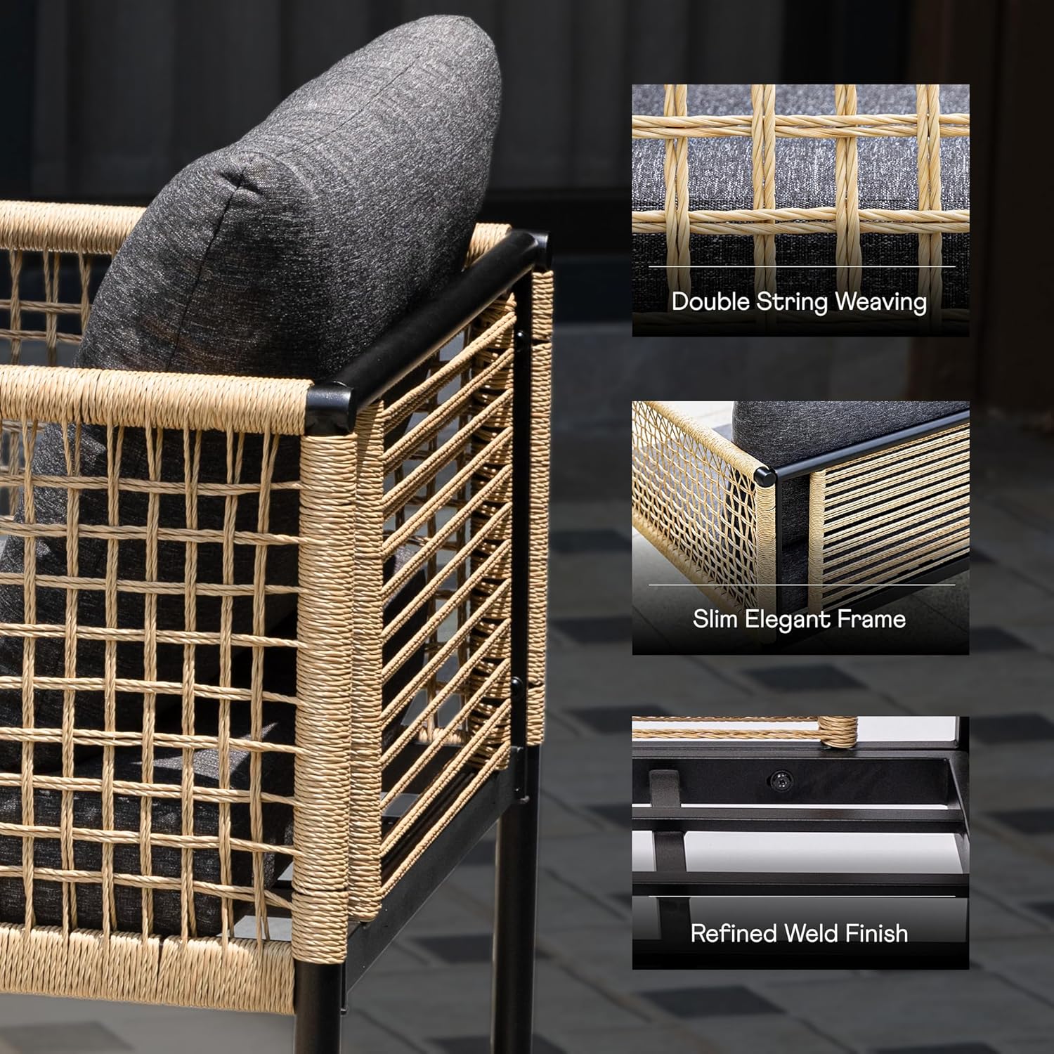 Idzo Oscar Wicker Outdoor Lounge Chair Set of 2, Sturdy Metal Frame, Weather-Resistant Rope Weave, Plush Olefin Cushions, Modern Patio Chairs for Backyard, Balcony, or Poolside