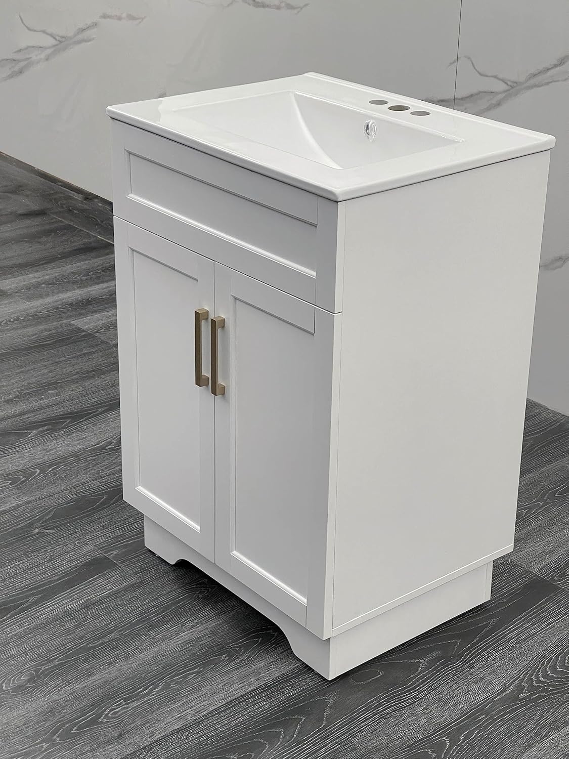 Zalorin Bathroom Vanity with Ceramic Sink, Wooden Double Door Bathroom Storage Vanity with 24 Inch, Small Quick Assembly Bathroom Cabinet