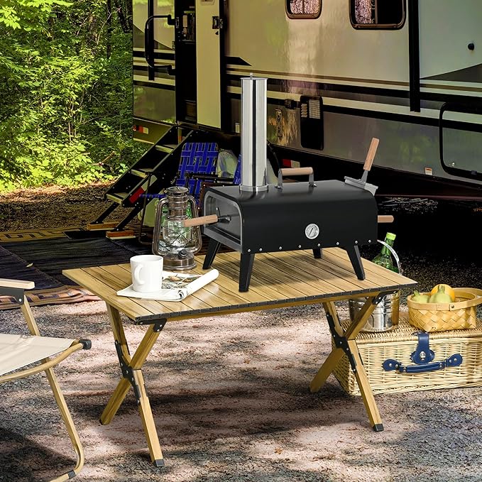 Zalorin Portable Wood-Fired Pizza Oven with Rotating Stone, Outdoor Pizza Maker with Foldable Legs, Stainless Steel Pizza Grill