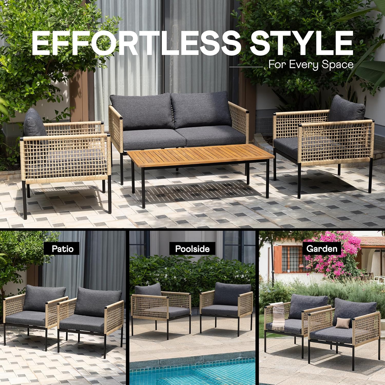 Idzo Oscar Wicker Outdoor Lounge Chair Set of 2, Sturdy Metal Frame, Weather-Resistant Rope Weave, Plush Olefin Cushions, Modern Patio Chairs for Backyard, Balcony, or Poolside