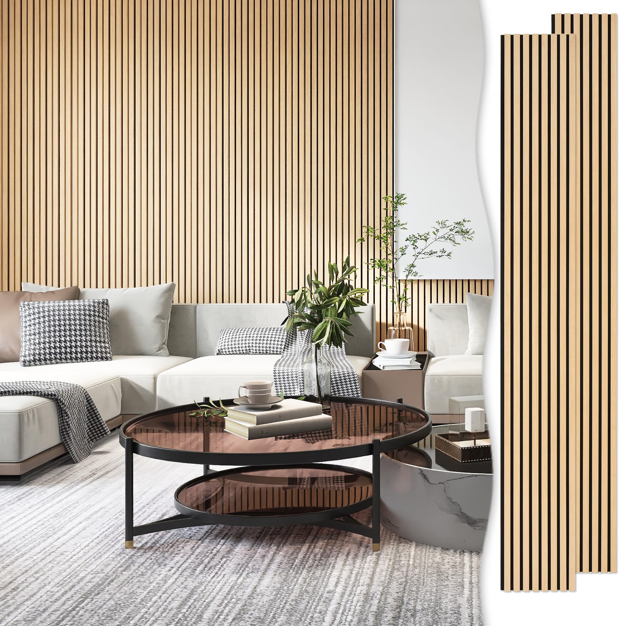 ZalorinAcoustic Wood Veneer Slat Wall Panels for Interior Wall and Ceilings Decor | Sound-Absorbing Felt Board | 3D Sound Proof Decorative Panels | 94.49” x 23.62” Each Box | 2 Pack | Natural Oak