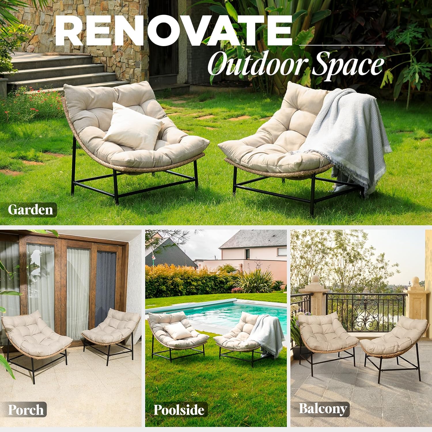 Idzo Caline Large Rattan Outdoor Papasan Chair Set of 2, Olefin Thick Cushion, Upgraded 2000Hrs UV Resistant Wicker, 500lbs Capacity Patio Scoop Design