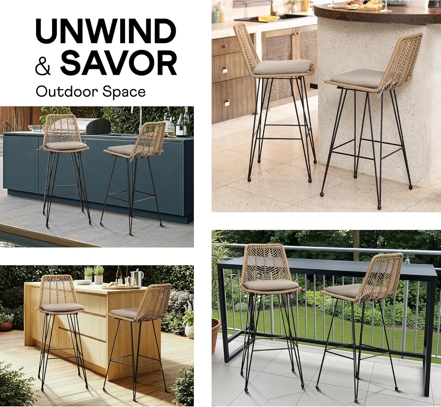 IDZO Outdoor Rattan Bar Stools Set of 2, 42-Inch Tall with 400lbs Weight Endurance, Featuring a Steel Frame and Comfort Cushions, Ideal Outdoor Bar Stools and Kitchen Island