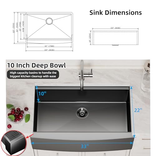 Zalorin Farmhouse Sink, 33 x 22 Inch Undermount Kitchen Sink 16 Gauge Black Stainless Steel Kitchen Sinks Apron Front Single Bowl 10 Inch Deep Workstation Sink with Cutting Board