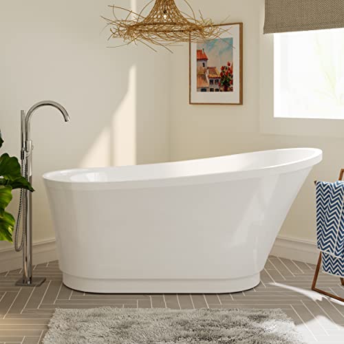 Zalorin 65" Freestanding Bathtub, Elegant Oval Shape, Double Walled Insulation Bathtub with Center Brushed Nickel Drain & Minimalist Linear Design Overflow