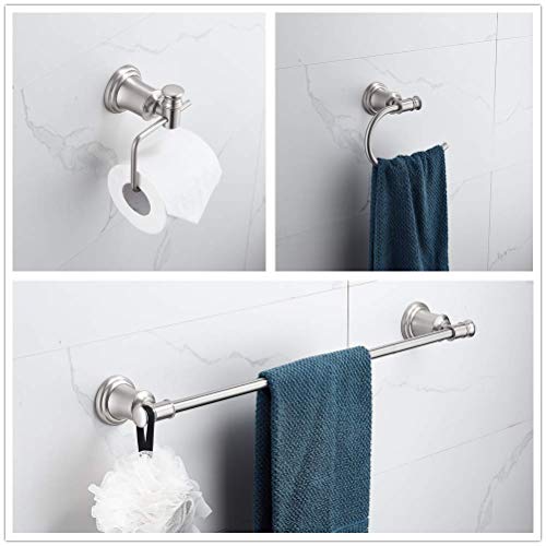 Zalorin  3-Piece Bathroom Accessories Set Wall Mounted,Toilet Paper Holder,Towel Ring, Adjustable Towel Bar(18’’-24’’),Zinc Alloy,Brushed Nickel