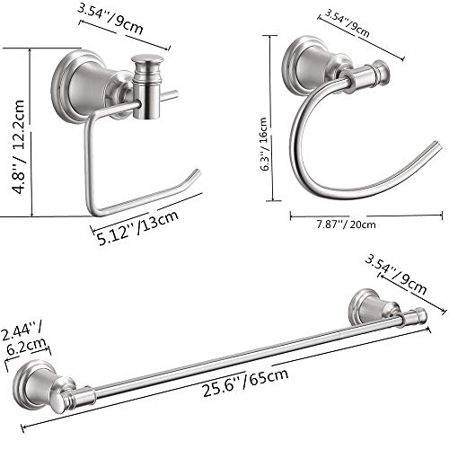 Zalorin  3-Piece Bathroom Accessories Set Wall Mounted,Toilet Paper Holder,Towel Ring, Adjustable Towel Bar(18’’-24’’),Zinc Alloy,Brushed Nickel