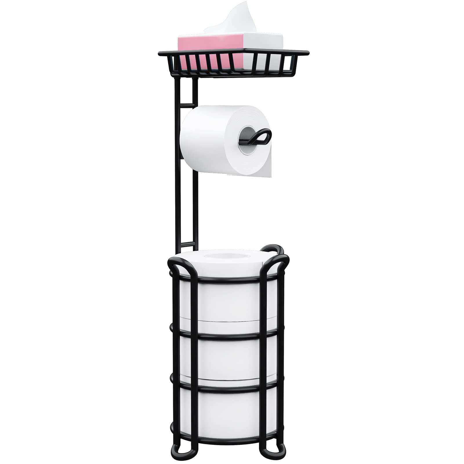 Zalorin Toilet Paper Holder Stand with Shelf, Free Standing Toilet Tissue Roll Storage Rack for Bathroom, Black