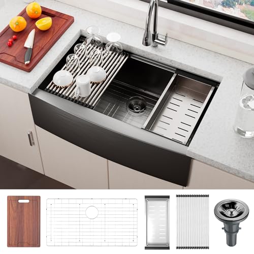 Zalorin Farmhouse Sink, 33 x 22 Inch Undermount Kitchen Sink 16 Gauge Black Stainless Steel Kitchen Sinks Apron Front Single Bowl 10 Inch Deep Workstation Sink with Cutting Board