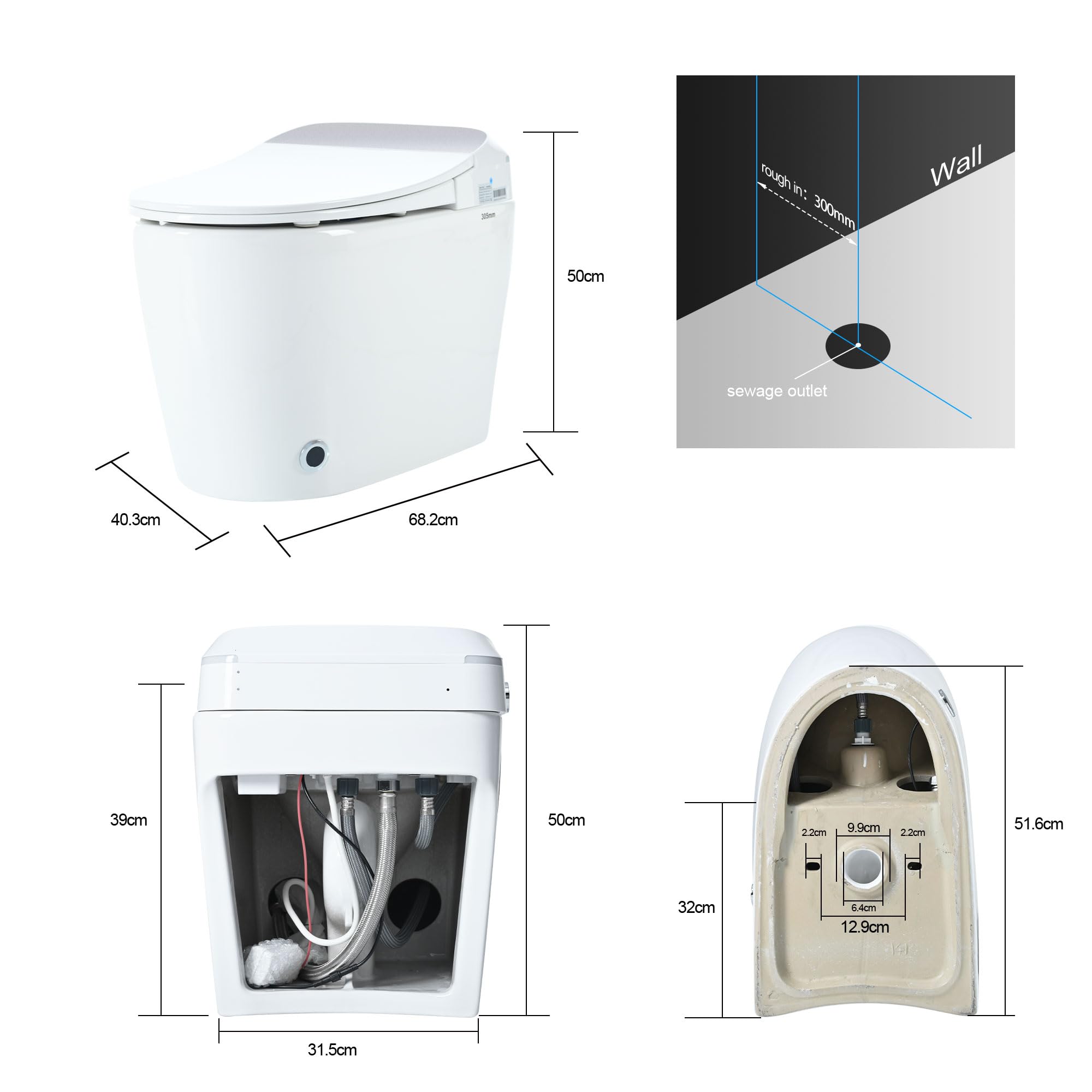 Zalorin  Smart Toilet, One Piece Toilet for Bathrooms, Automatic Flush Tankless Toilet without Bidet,Heated Seat,Foot Sensor Flush, White Night Light, Knob Control, Power Outage Flushing, White