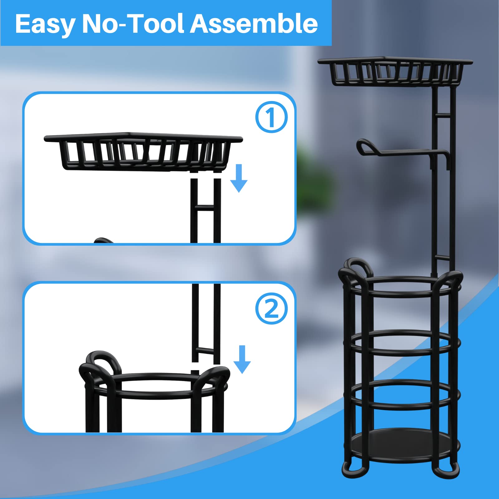 Zalorin Toilet Paper Holder Stand with Shelf, Free Standing Toilet Tissue Roll Storage Rack for Bathroom, Black