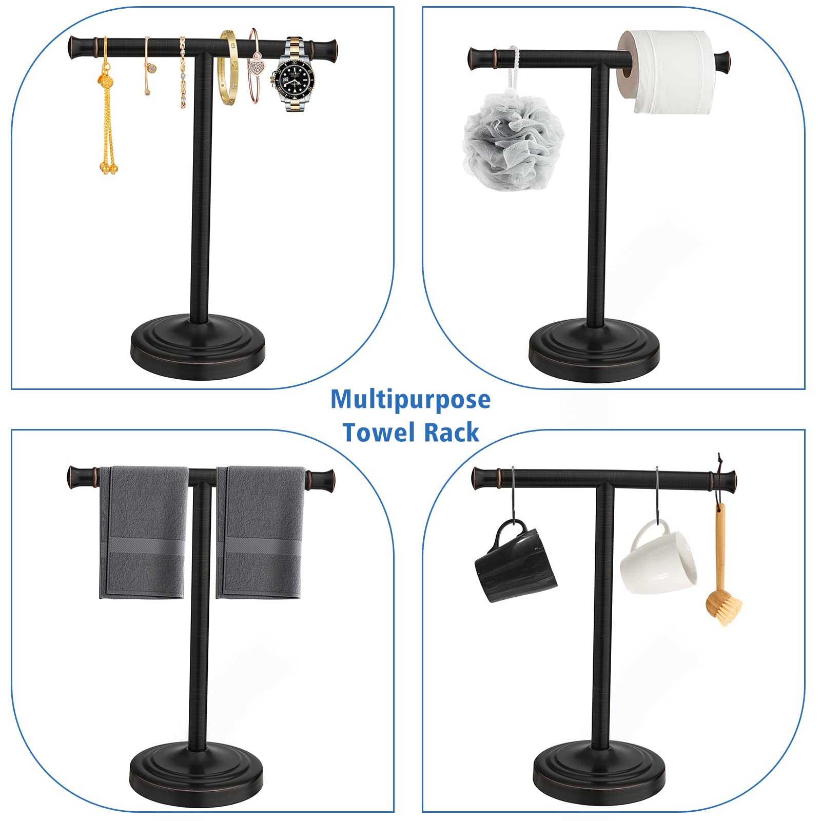 Zalorin 17 Inch Oil Rubbed Bronze Towel Stand Hand Towel Holder Bathroom Kitchen Vanity Countertop T-Shape Towel Rack Free Standing Stainless Steel Towel Bar Towel Ring