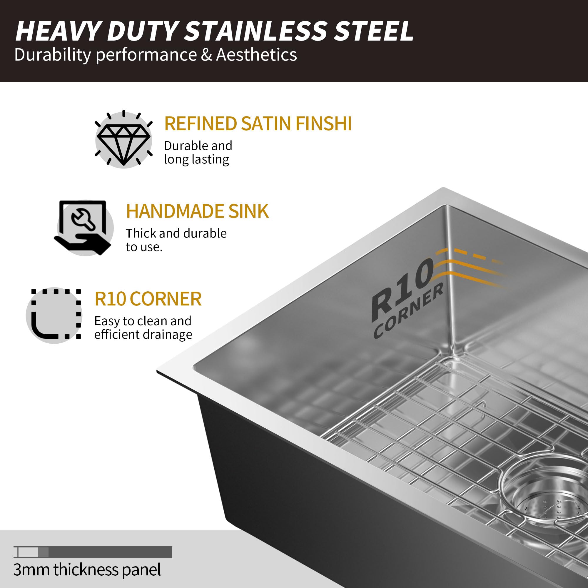 Zalorin Undermount Kitchen Sink Commercial 23" Stainless Steel Undermount Single Bowl Basin Handmade Nano silver Kitchen Sink, Top mount Drop-in 8 Inch Deep Kitchen Sinks