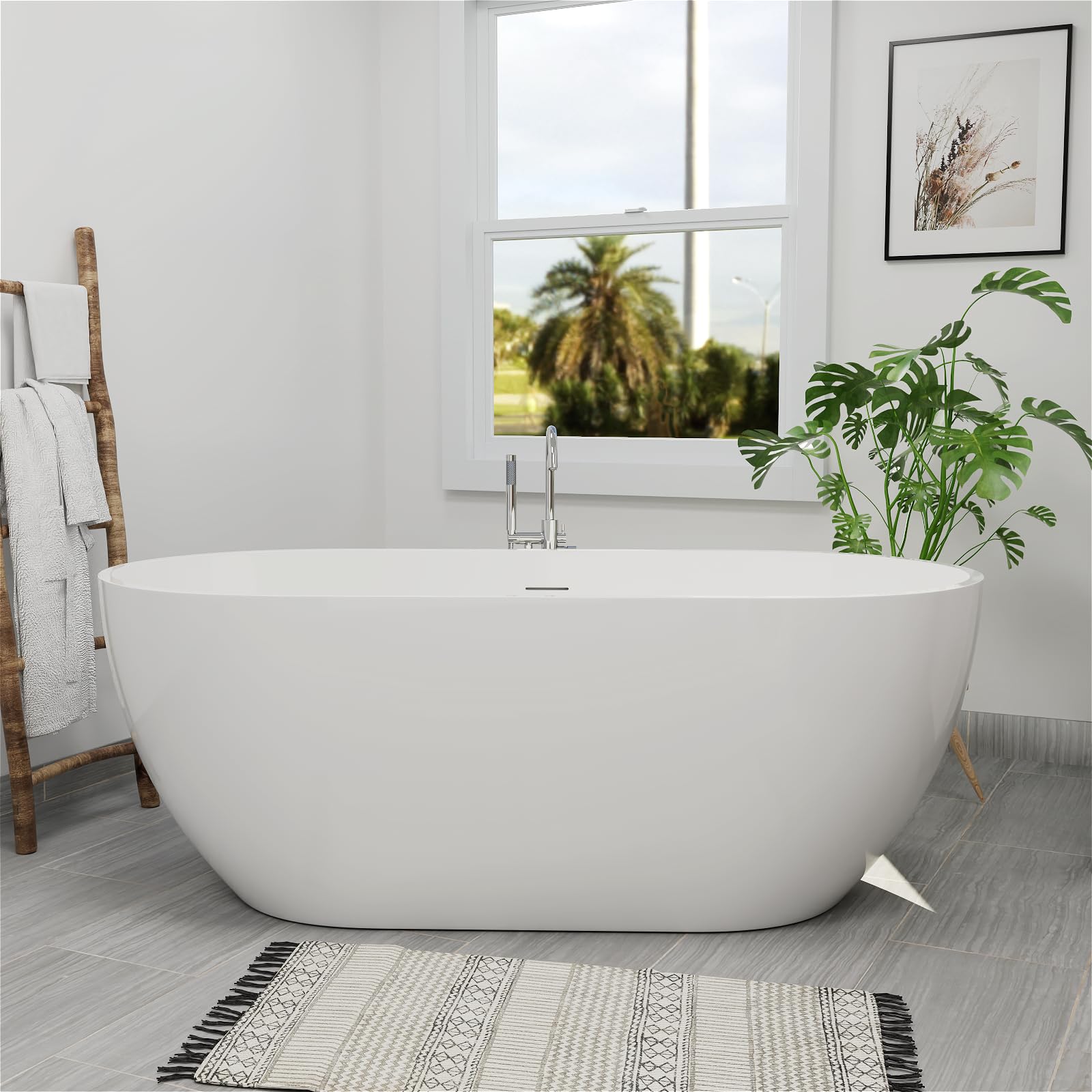 Zalorin 65" Acrylic Freestanding Tub, Double Ended Freestanding Tub, Soaking Tub with Integrated Slotted Overflow, Toe-On Chrome Drain, Glossy White