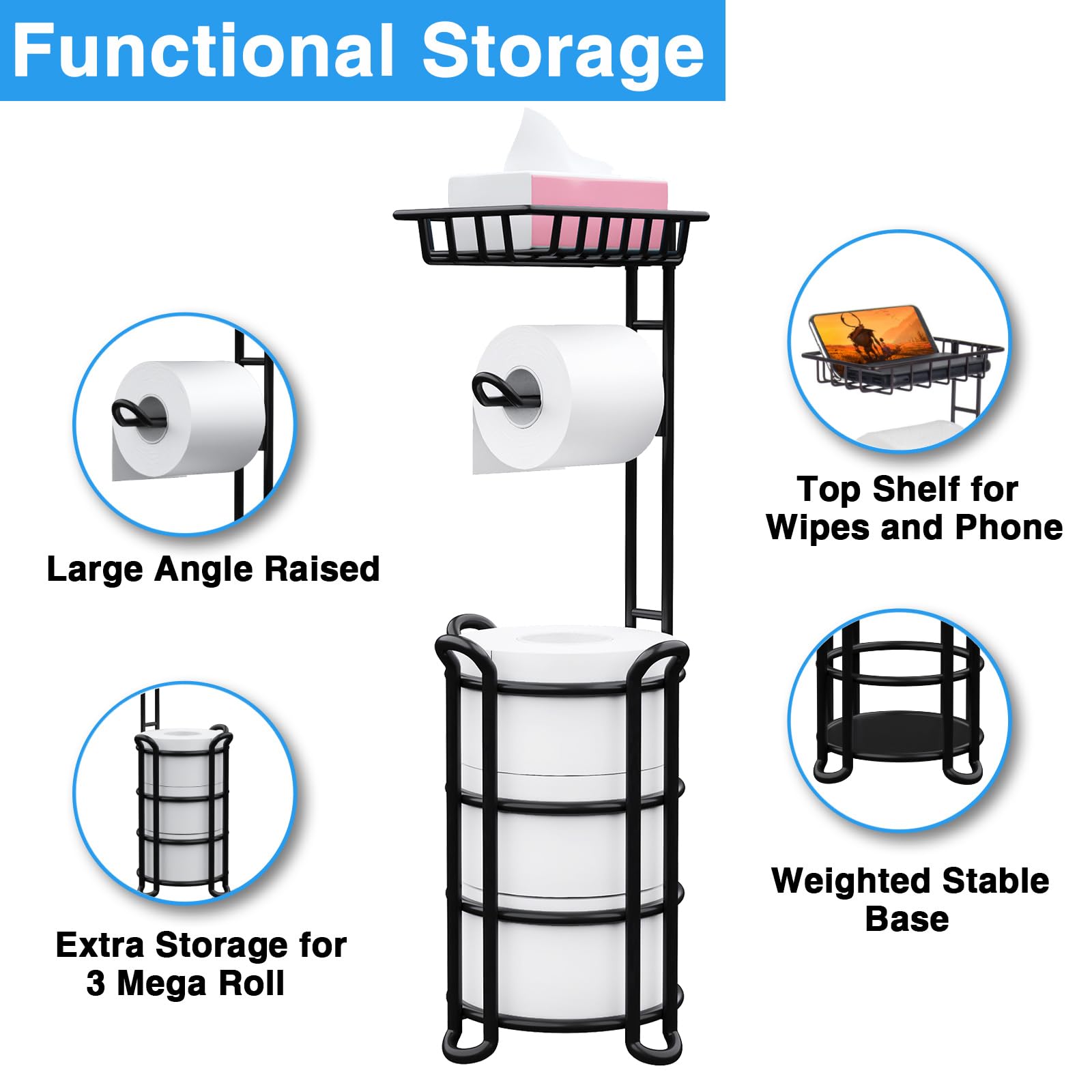 Zalorin Toilet Paper Holder Stand with Shelf, Free Standing Toilet Tissue Roll Storage Rack for Bathroom, Black