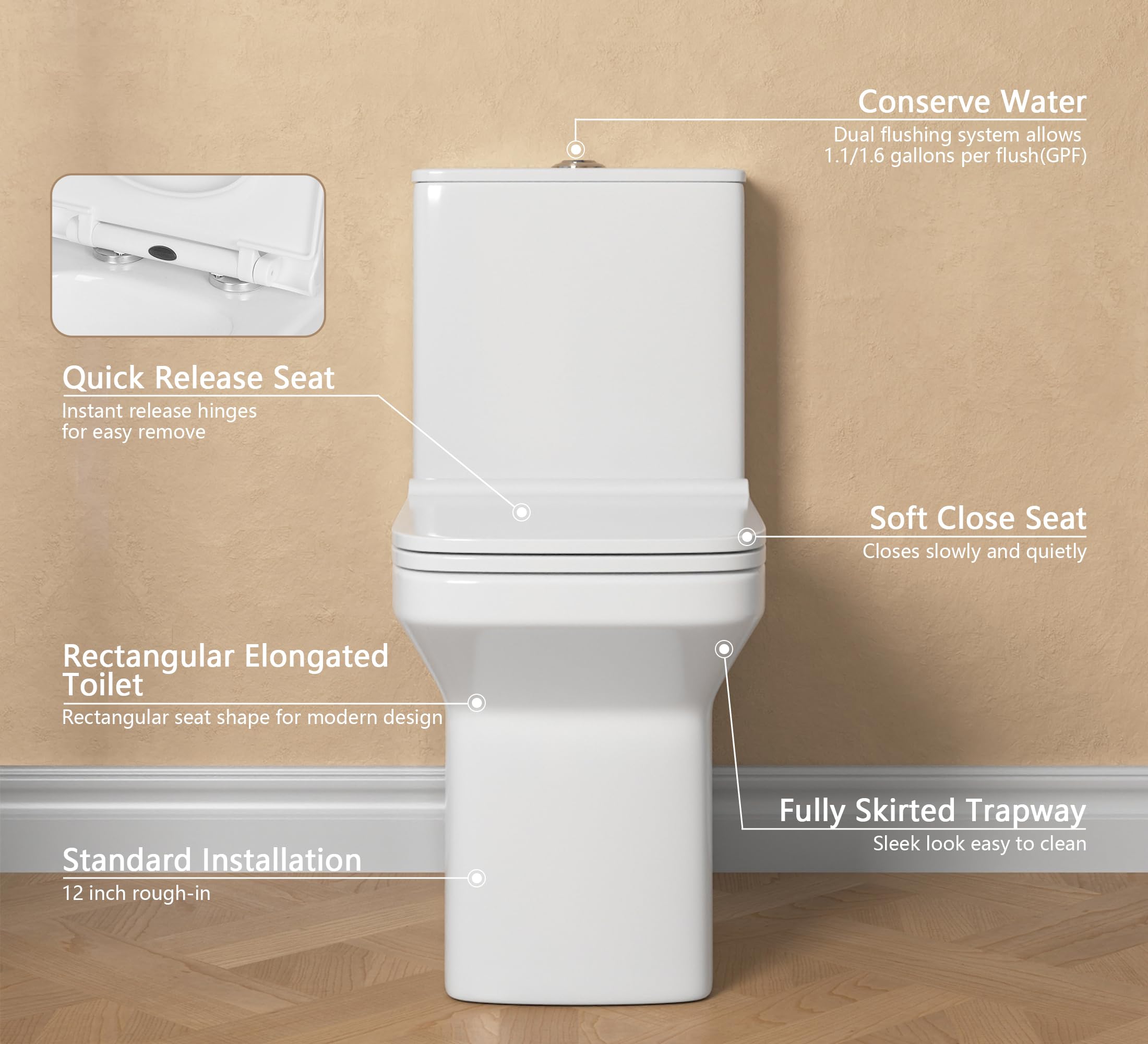 Zalorin One Piece Toilet,   Modern Elongated Toilet Power Dual Flush 1.1/1.6 GPF Toilet for Bathroom 12" Rough in Rectangular Bowl, 1000g MaP