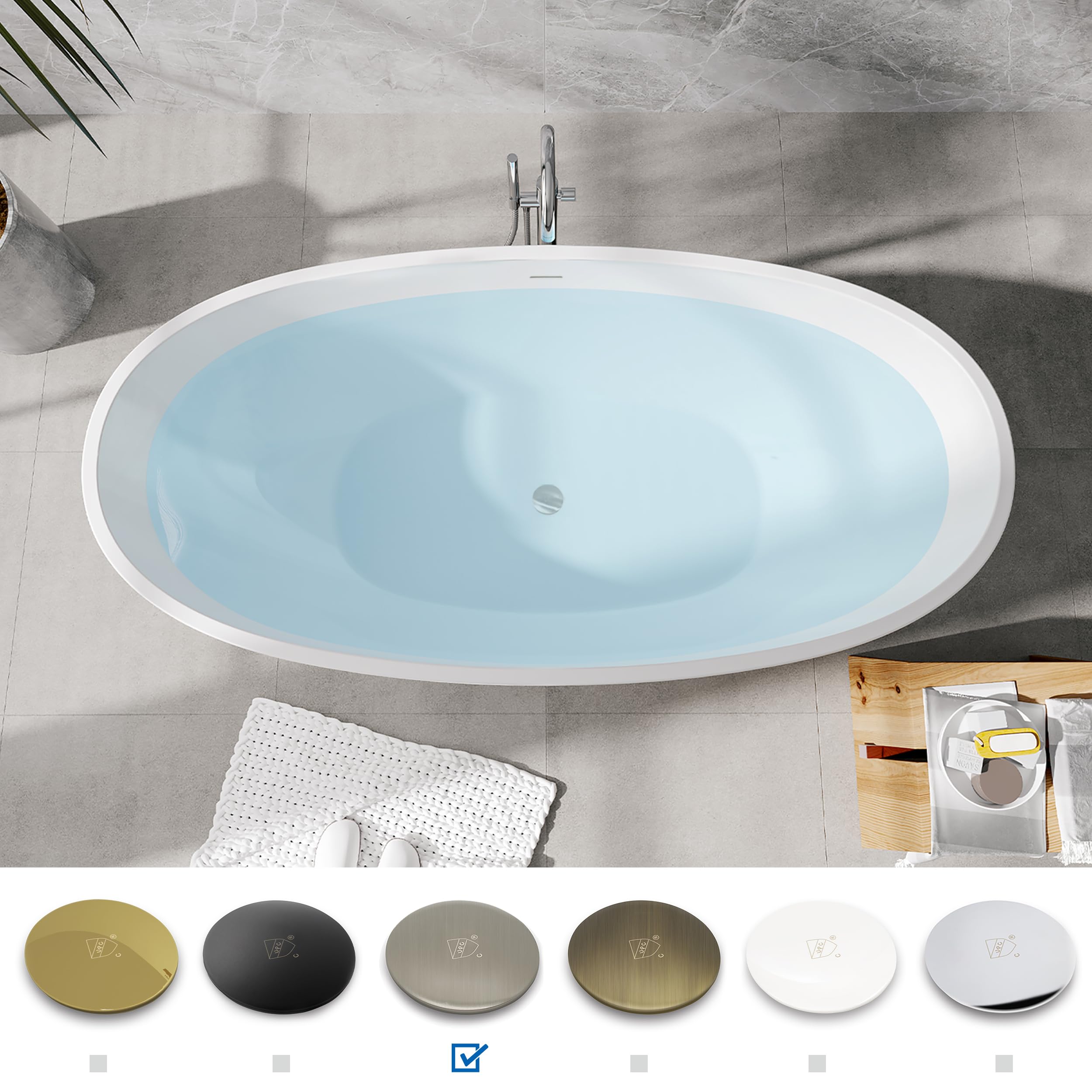 Zalorin 65" Freestanding Bathtub, Elegant Oval Shape, Double Walled Insulation Bathtub with Center Brushed Nickel Drain & Minimalist Linear Design Overflow